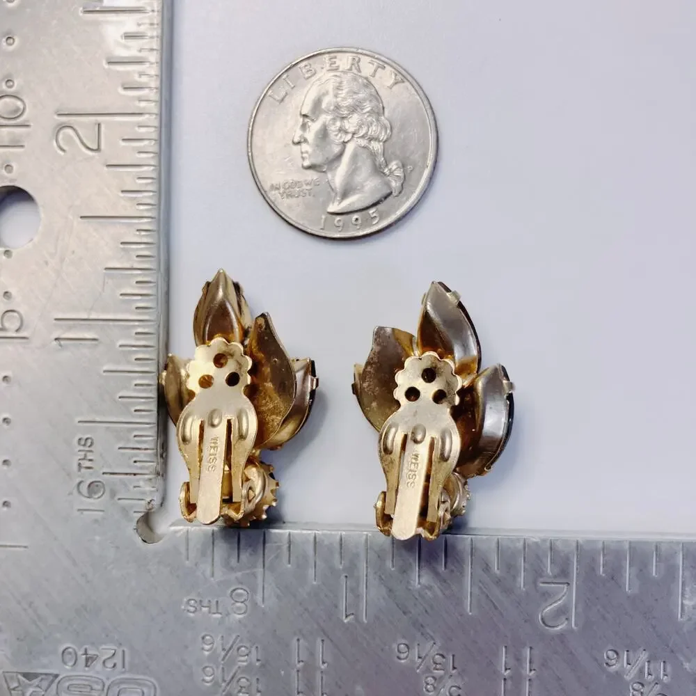 Vintage Signed Weiss Mid Century Rhinestone Clip Earrings Blue Gray Leaf Spray